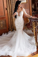 Long Sleeve Mermaid Lace Applique Wedding Dress BM bride
