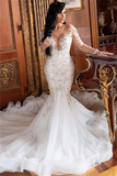 Long Sleeve Mermaid Lace Applique Wedding Dress BM bride