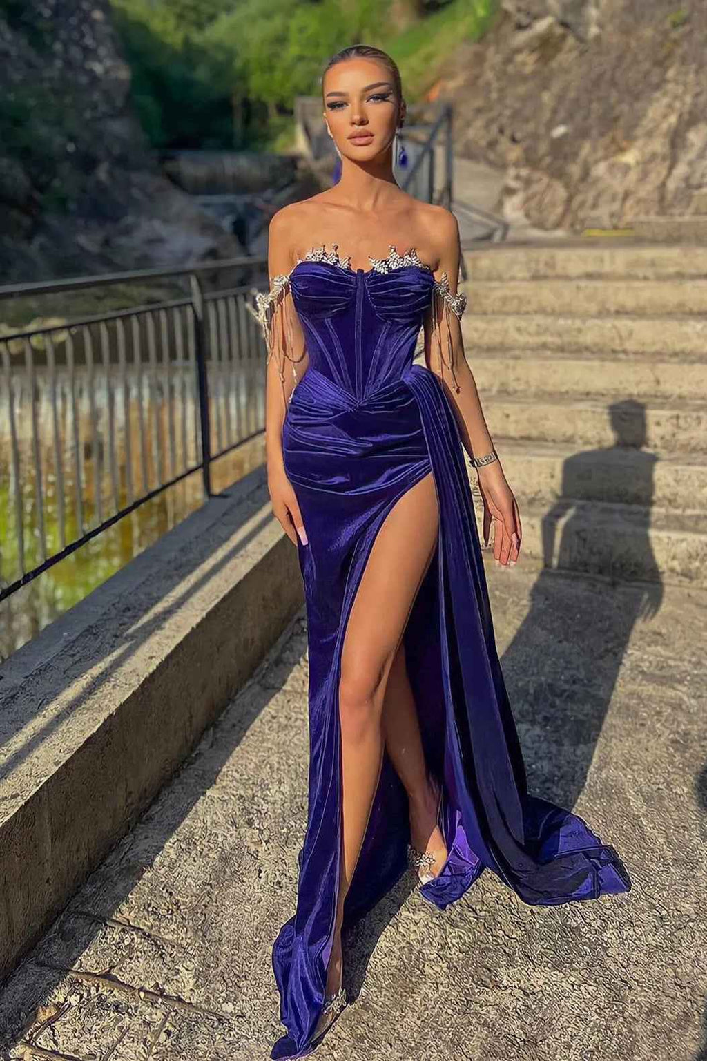 Velvet Off the Shoulder Split Beadings Mermaid Long Prom Dress With Ruffles