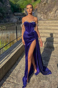 Velvet Off the Shoulder Split Beadings Mermaid Long Prom Dress With Ruffles