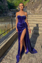 Velvet Off the Shoulder Split Beadings Mermaid Long Prom Dress With Ruffles