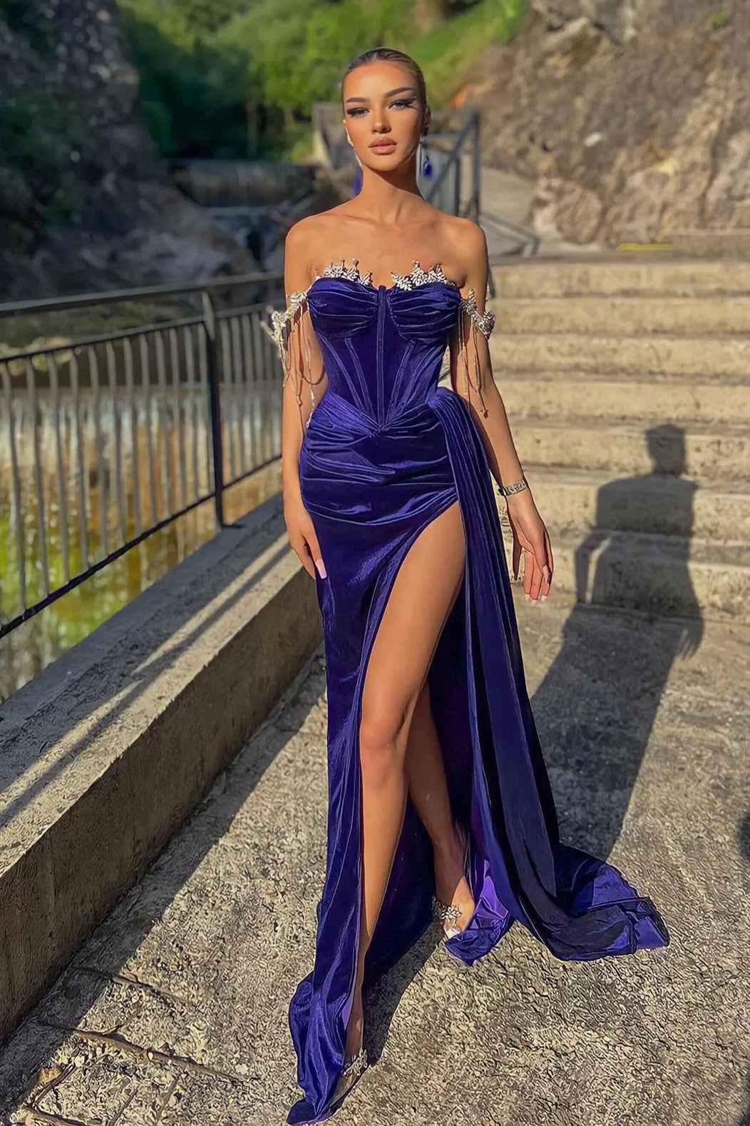 Velvet Off the Shoulder Split Beadings Mermaid Long Prom Dress With Ruffles