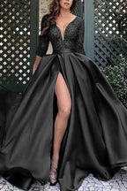 Glamorous Deep V-Neck Satin Long Prom Dress with Split and Lace BM bride