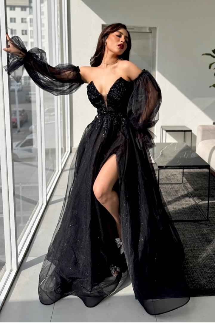 Strapless Deep V Neck Long Split Prom Dress With Appliques Detachable Sleeves