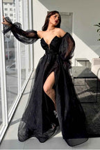 Strapless Deep V Neck Long Split Prom Dress With Appliques Detachable Sleeves