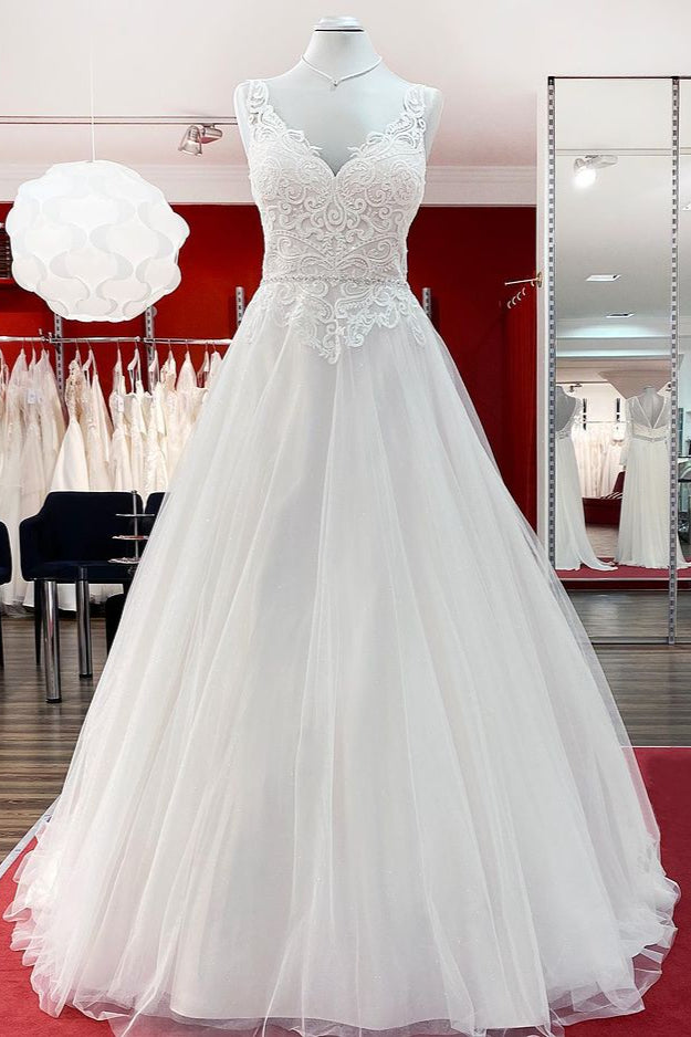 Elegant Sweetheart Long A-Line Tulle Wedding Dress with Ruffles BM bride