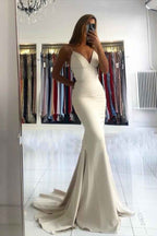 Spaghetti Strap Backless Sleeveless V Neck Long Pleated Mermaid Prom Dress