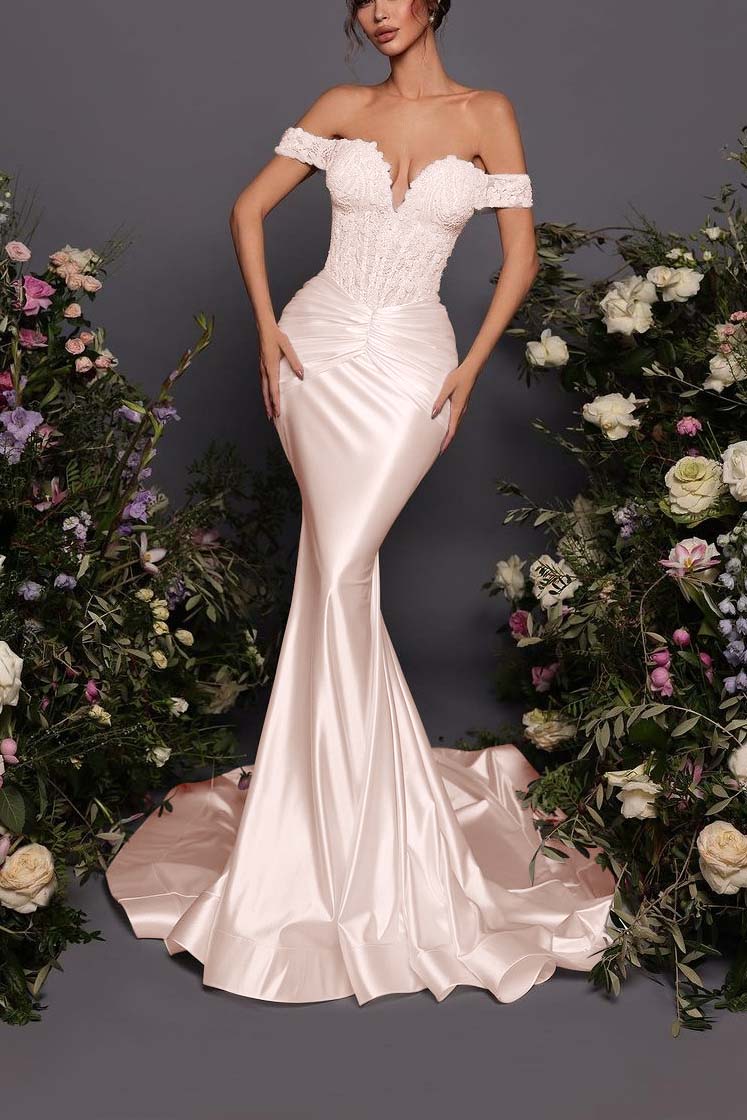Off The Shoulder Sleeveless Long Mermaid Prom Dress With Pleated BMBRIDE
