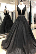 Black V Neck Backless Sleeveless Prom Dress With Applique Beading