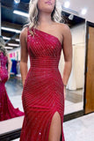 Burgundy One-Shoulder Mermaid Evening Dress with Sequins and Slit BM bride