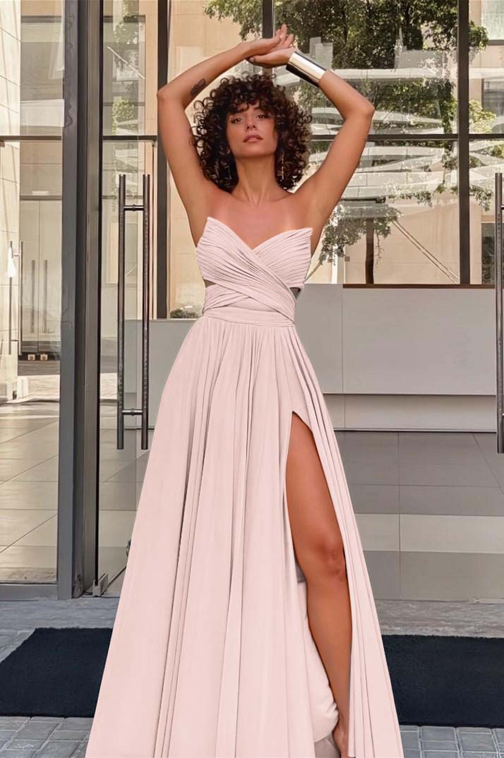 Strapless Sleeveless Long High Split Prom Dress With Pleated BMBRIDE
