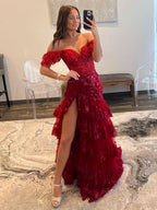 Lovely Sheath Off-the-Shoulder Long Lace Prom Dress (Lace-up Back) BM bride