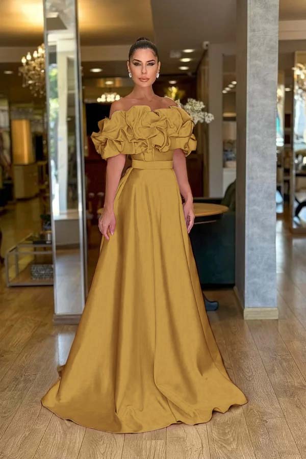 Off the Shoulder Sleeveless A Line Long Prom Dress With Pleated BMBRIDE