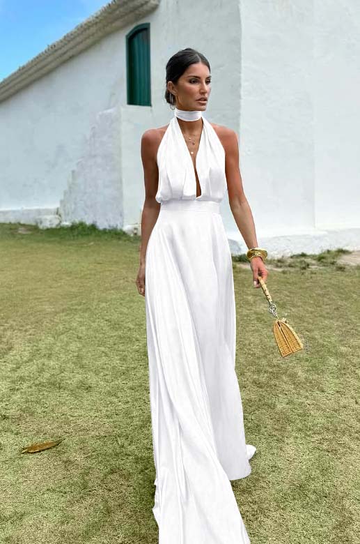 Charming Sleeveless Halter V Neck Long Prom Dress With Pleated BMBRIDE