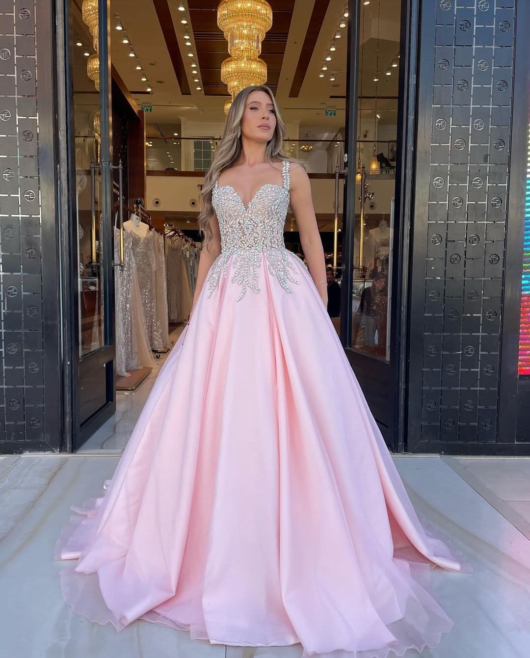 Pink Sequin Applique A-Line Long Prom Dress with Beads BM bride