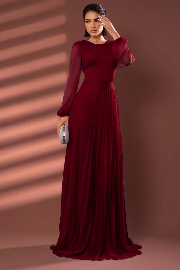 Chiffon Jewel Neck Long Sleeves Long Prom Dress With Pleated BMBRIDE