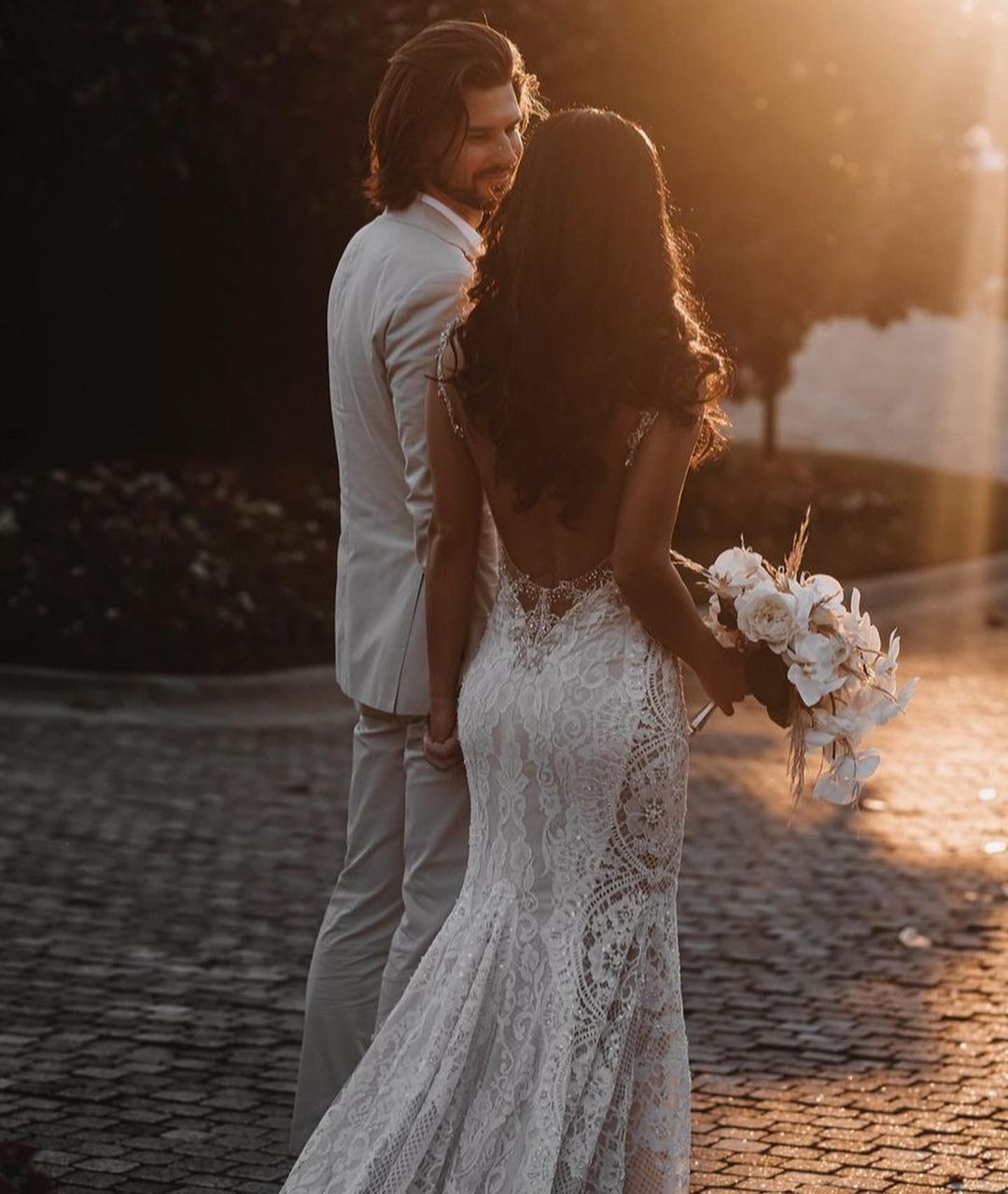 Glamorous V-Neck Wide Strap Open Back Mermaid Wedding Dress with Lace Appliques BM bride