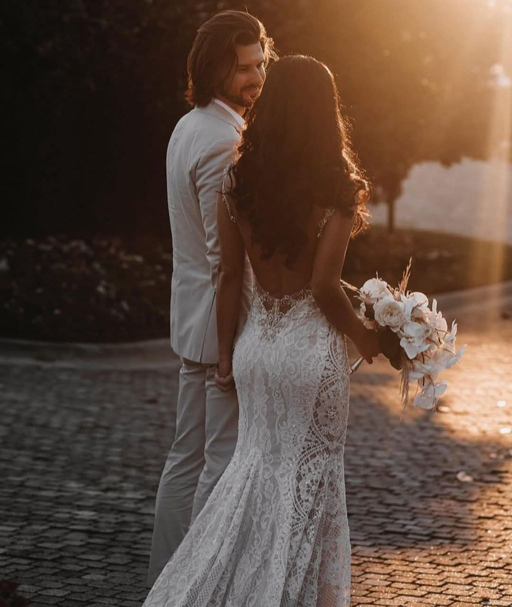 Glamorous V-Neck Wide Strap Open Back Mermaid Wedding Dress with Lace Appliques BM bride