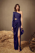 One Shoulder Long Sleeve Long High Split Prom Dress With Pleated BMBRIDE