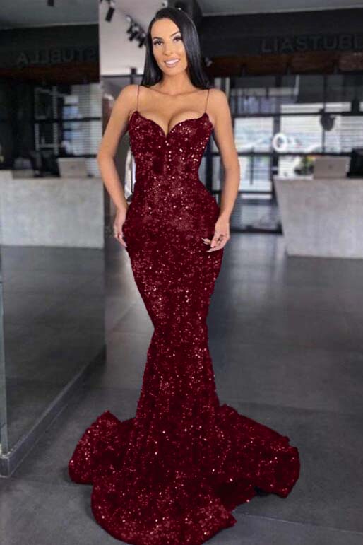 Sweetheart Royal Blue Spaghetti Strap Mermaid Long Prom Dress With Sequins BMBRIDE