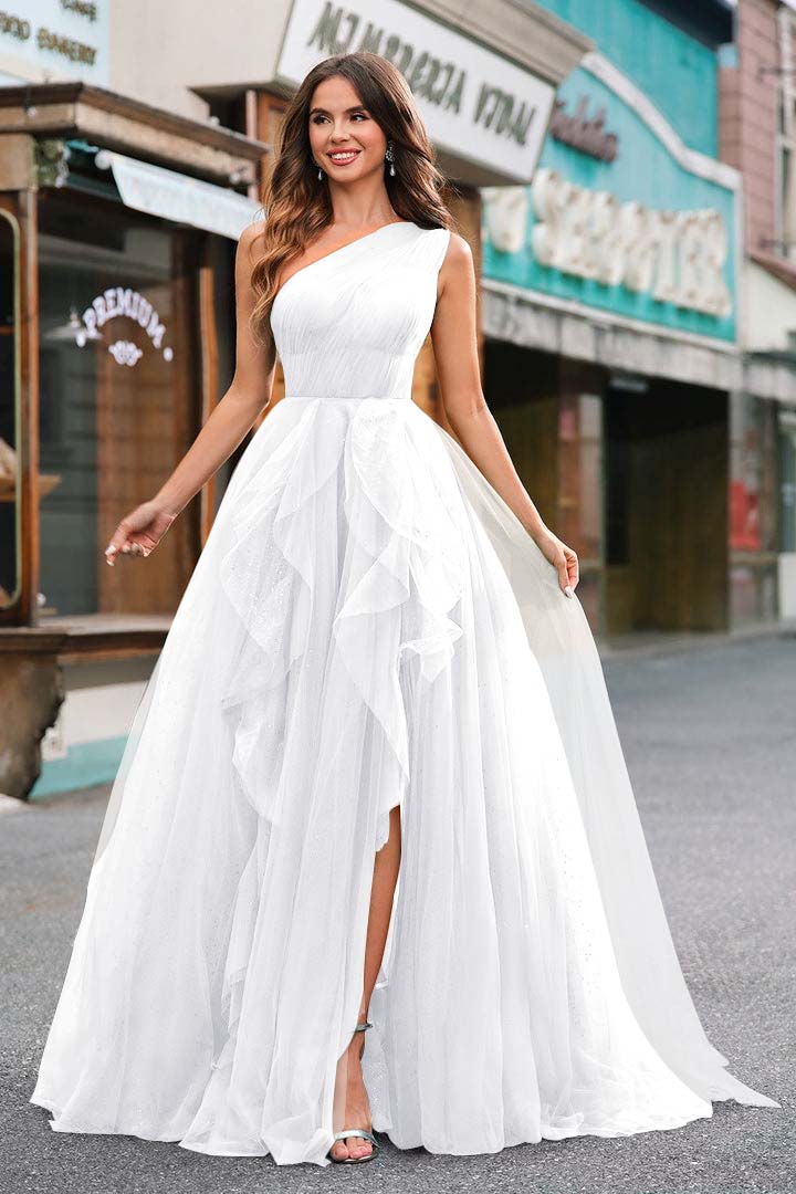 One Shoulder Sleeveless Long Split Prom Dress With Sequins Tulle