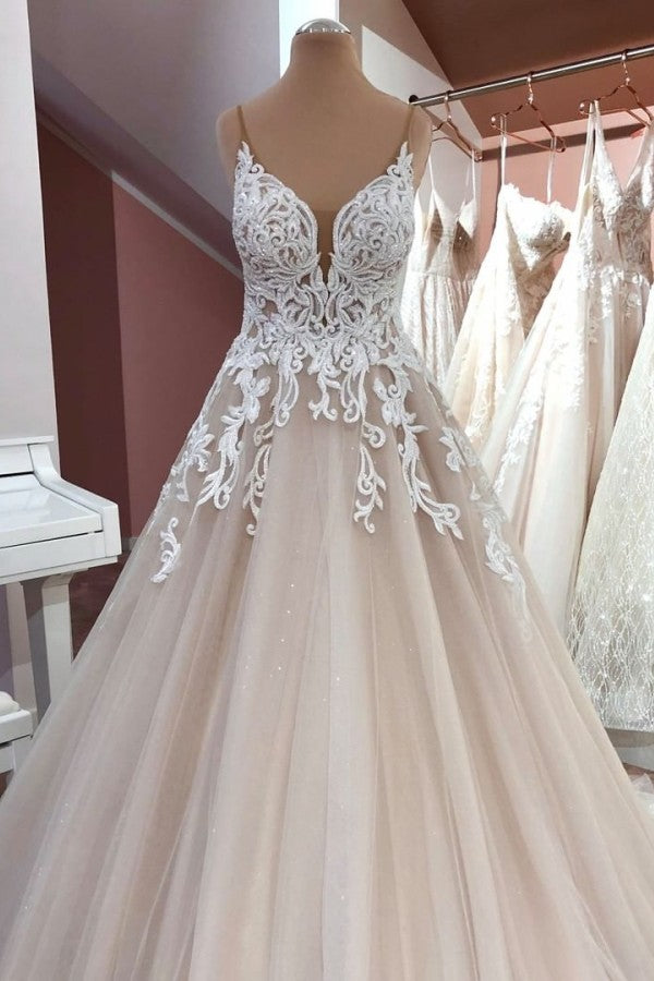 Vintage A-Line V-Neck Spaghetti Strap Backless Wedding Dress with Lace Appliques and Tulle BM bride