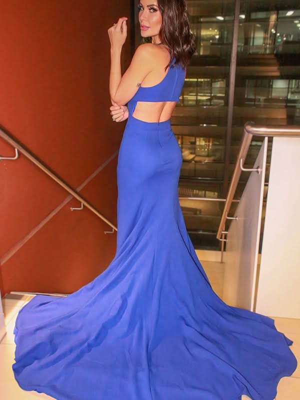 Royal Blue Halter Mermaid Prom Dress with Split BM bride
