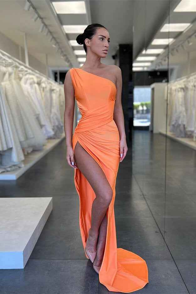 Vintage Orange One Shoulder Sleeveless Mermaid Prom Dress Split With Pleated BMBRIDE
