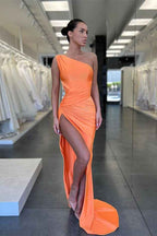 Vintage Orange One Shoulder Sleeveless Mermaid Prom Dress Split With Pleated BMBRIDE