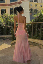 Sleeveless Halter V Neck Long Mermaid Prom Dress With Pleated