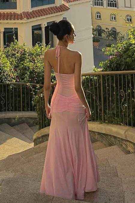 Sleeveless Halter V Neck Long Mermaid Prom Dress With Pleated