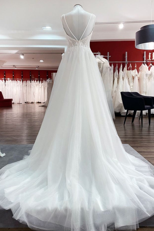 V-Neck Sleeveless Long A-Line Wedding Dress with Sequins, Ruffles, and Open Back Tulle BM bride