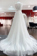 V-Neck Sleeveless Long A-Line Wedding Dress with Sequins, Ruffles, and Open Back Tulle BM bride