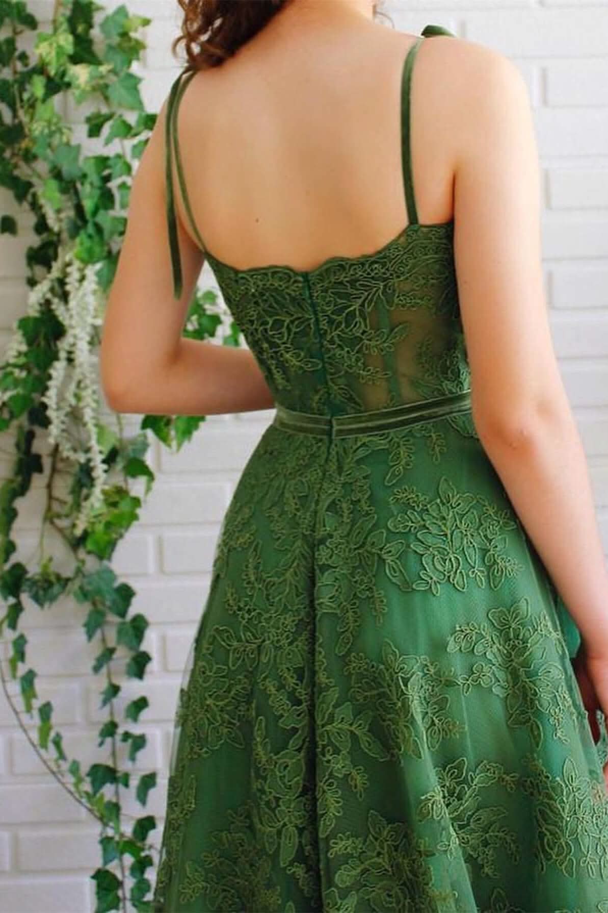 Emerald Green Strapless Spaghetti-Strap Evening Dress with Applique A-Line BM bride