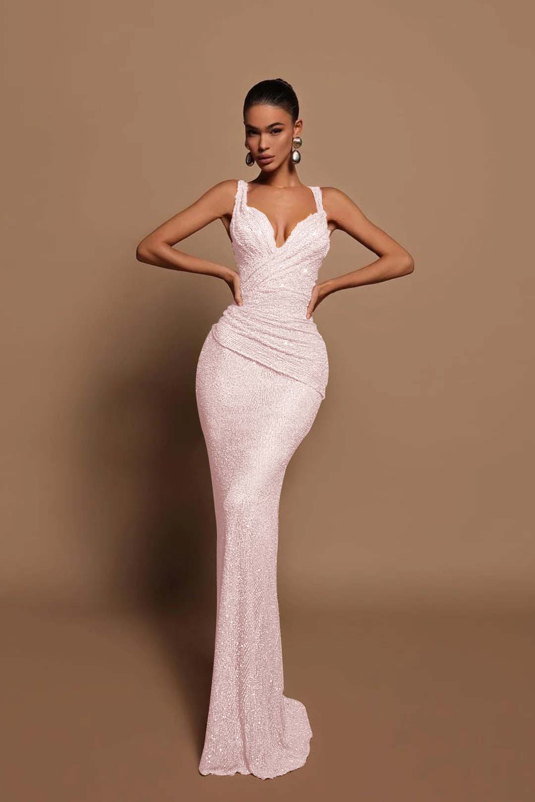 Sexy Pink Long Sequins Prom Dress V Neck Mermaid Sleeveless BMBRIDE