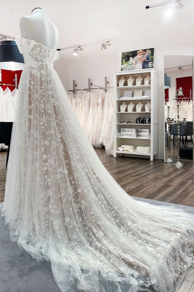 Sleeveless Off-the-Shoulder A-Line Wedding Dress with Ruffles and Tulle Lace Appliques BM bride