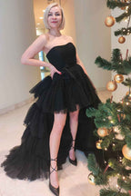 Stylish High Low Strapless Fuchsia Prom Dress with Ruffles