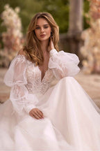 Off the Shoulder Long Sleeves Long Prom Dress With Appliques