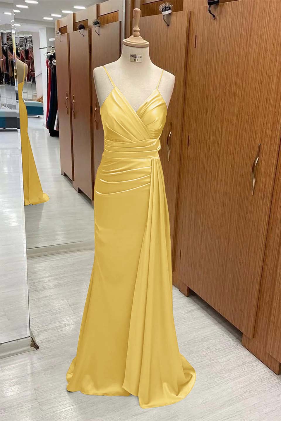 Spaghetti Strap Sleeveless Long Mermaid Prom Dress With Pleated BMBRIDE