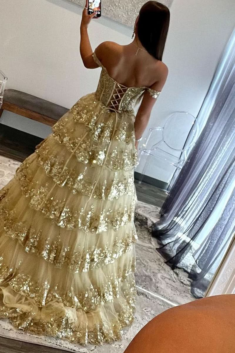 Enchanting Princess Off-the-Shoulder Sequined Lace Prom Dress BM bride