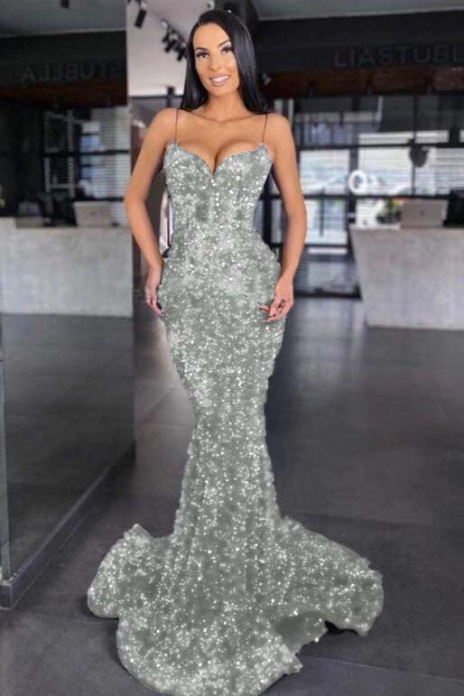 Sweetheart Royal Blue Spaghetti Strap Mermaid Long Prom Dress With Sequins BMBRIDE