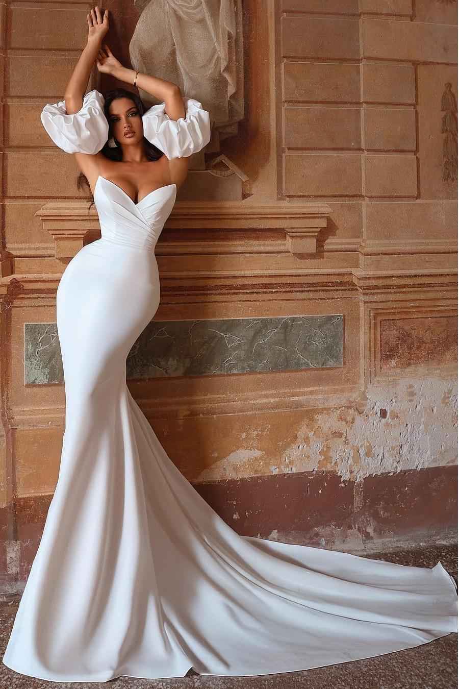 Strapless Bubble Sleeves Long Mermaid Prom Dress With Pleated