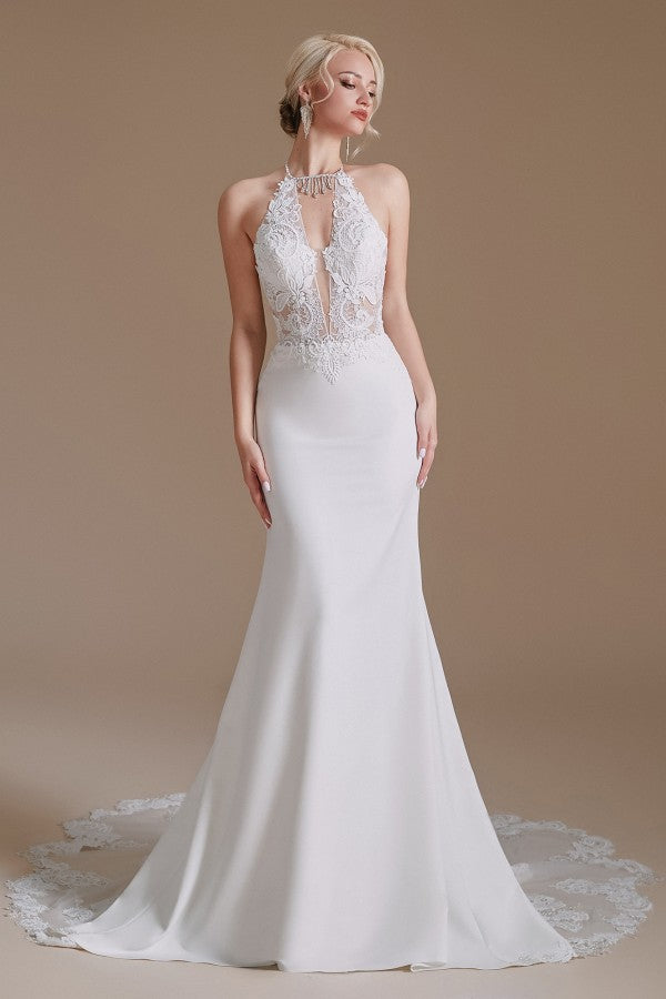 Modest Long Mermaid Halter Backless Satin Wedding Dress with Lace Appliques BM bride