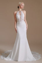 Modest Long Mermaid Halter Backless Satin Wedding Dress with Lace Appliques BM bride