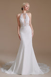 Modest Long Mermaid Halter Backless Satin Wedding Dress with Lace Appliques BM bride