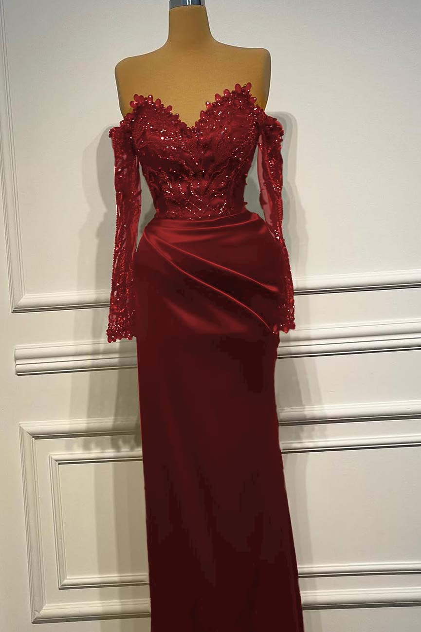 Long Sleeves Strapless Long Mermaid Prom Dress With Beading Pleated