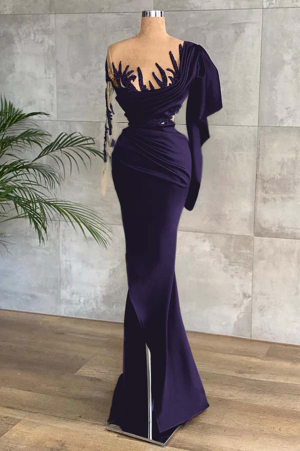 Green Long Sleeves Mermaid Side Split Prom Dress With Appliques BMBRIDE