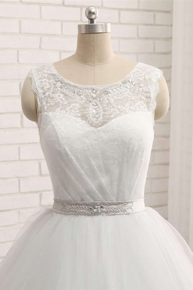 Princess Jewel Neck Long Wedding Dress with Tulle Lace BM bride