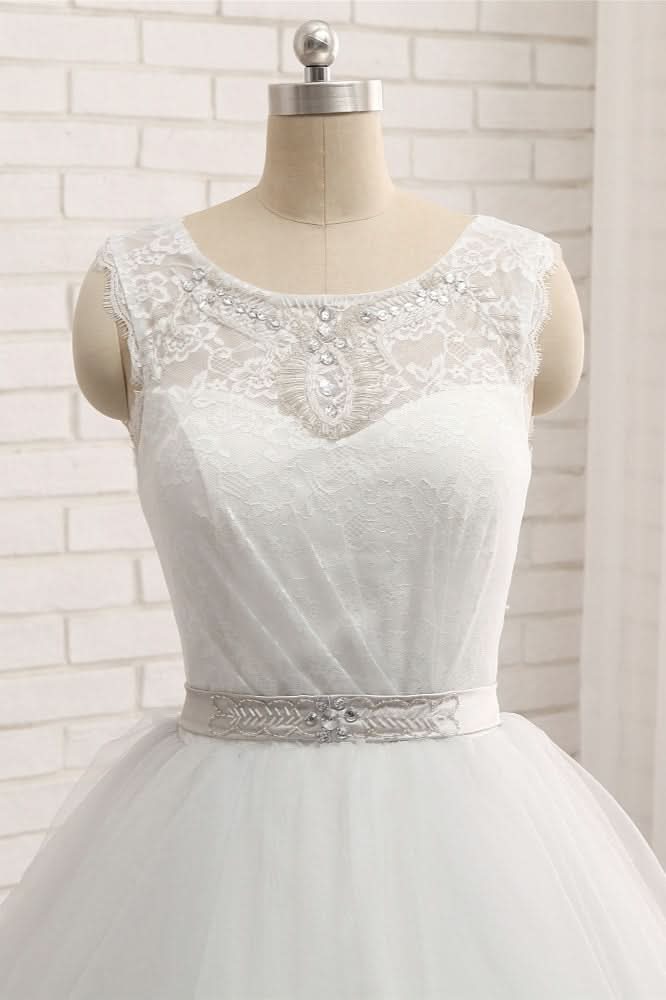 Princess Jewel Neck Long Wedding Dress with Tulle Lace BM bride