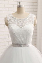 Princess Jewel Neck Long Wedding Dress with Tulle Lace BM bride